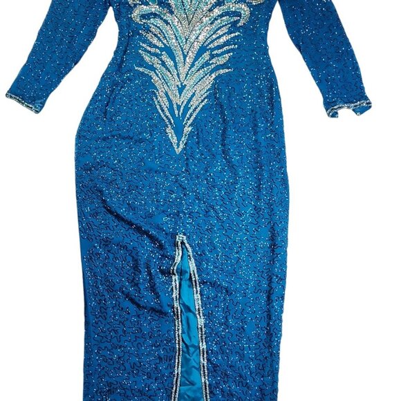 Vintage Alyce Designs Blue Sequin Gown With Beaded Patterns Long Sleeves & Front - Picture 3 of 11